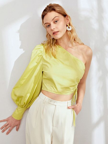 

one shoulder bishop sleeve drawstring side blouse p3dc#, White