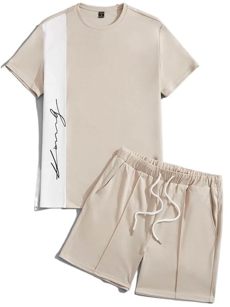 

men letter graphic colorblock tee & drawstring waist shorts s8zg#, Gray