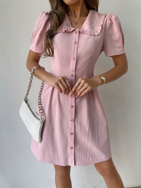 

puff sleeve peter pan collar plicated detail shirt dress f75v#, Black;gray