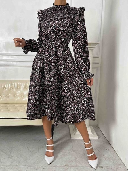 

ditsy floral print ruffle trim shirred flounce sleeve dress r83l#, Black;gray