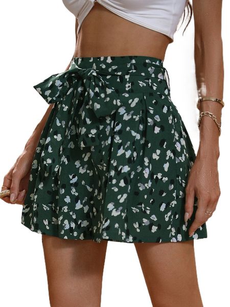 

allover print plicated detail belted shorts g6l9#, White;black