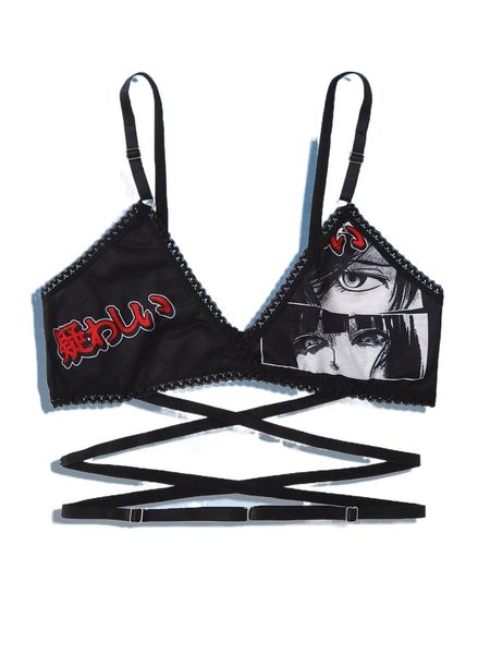 

romwe x aak cartoon graphic crisscross bralette i1nb#, Black;red