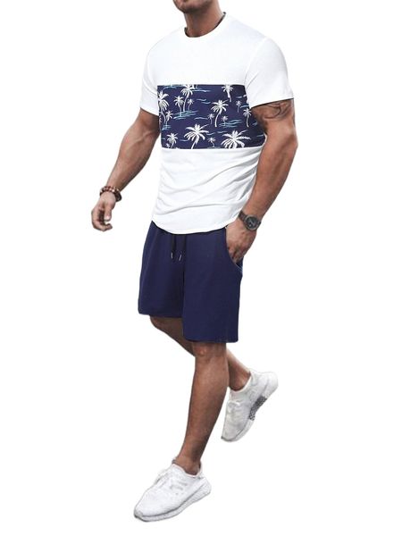 

men palm tree print tee & shorts 57hq#, Gray