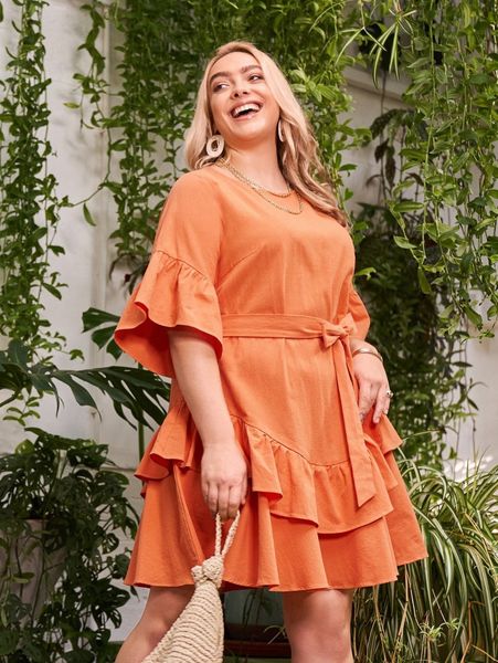 

plus flounce sleeve belted layered hem dress j7vd#, Black