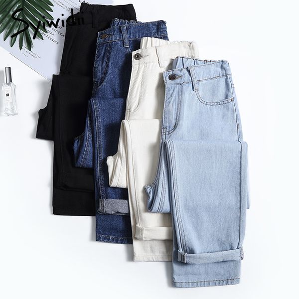 

4 color mom woman elastic waist high wais plus size denim pants boyfriend jeans for women washed cotton fashion 210415, Blue