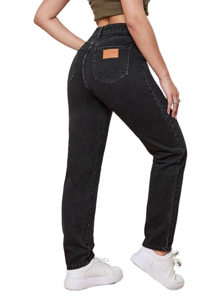 

patch detail high waist mom fit jeans e6q2#, Blue