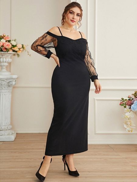 

plus contrast lace cold shoulder slit back dress k2wi#, Black