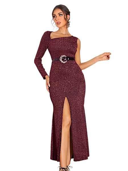 

asymmetrical neck single sleeve slit thigh glitter dress without belt 133c#, Black;gray