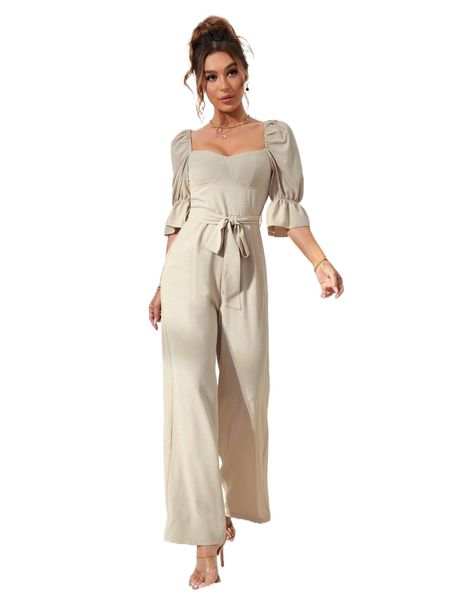 

flounce sleeve bustier belted wide leg jumpsuit u2at#, Black;white