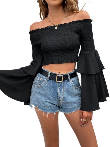 

off shoulder shirred flounce sleeve frill trim crop g32d#, White