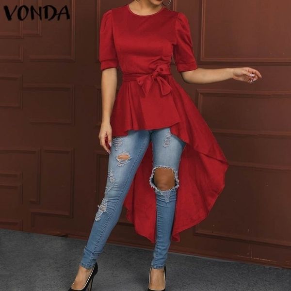 

vonda tunic women asymmetical shirts vintage belt party summer holiday casual long blouse plus size s5xl y200622, White