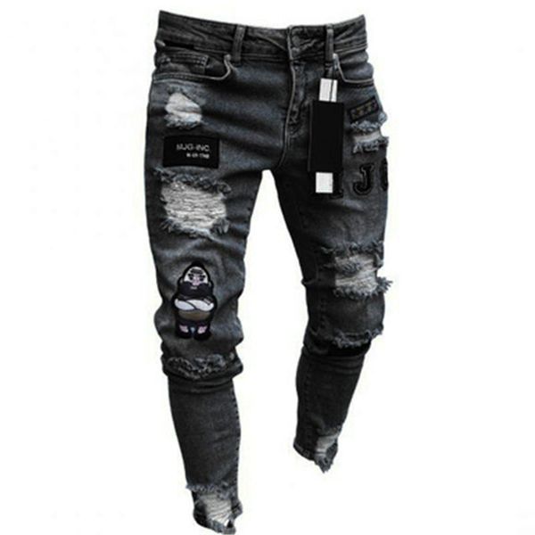 Männer Jeans Herren Skinny Stickerei Cartoon Print Zerrissene Zerstörte Denim Hosen Hohe Qualität Hip Hop Ropa Hombre Pentalon HommeMen's