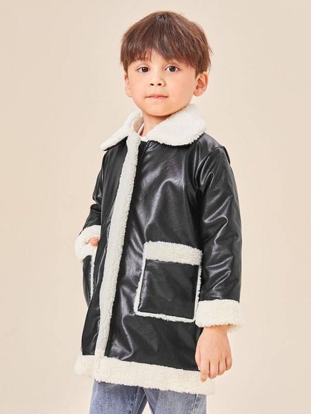 

toddler boys teddy panel pu leather coat she, Blue;gray