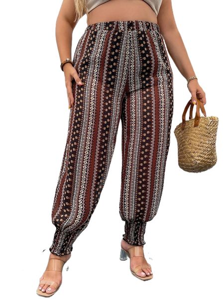 

plus ditsy floral shirred hem tapered pants w5dq#, Black