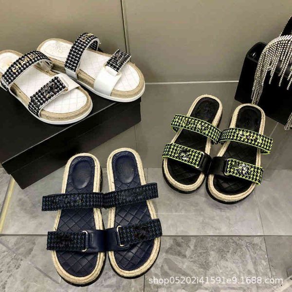 

slippers women's summer wear year fisherman's thick bottom cowhide thousand bird lattice webbed muffin leisure straw woven beach s, Black