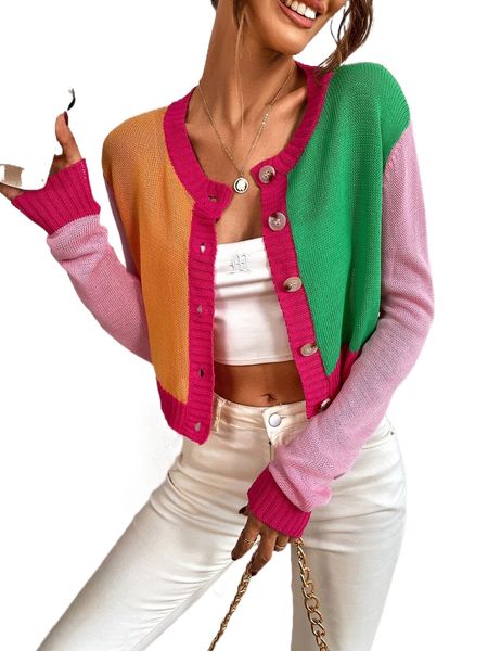 

colorblock button front drop shoulder cardigan t5ca#, White;black