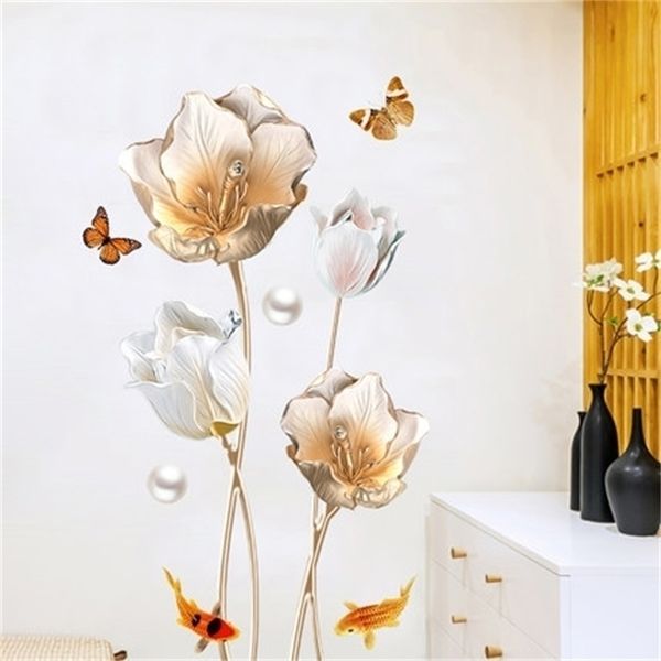 Creativo romantico fiore adesivo da parete in vinile fai da te 3D pesce soggiorno bagno decorazioni per la casa poster wallpaer Y200103