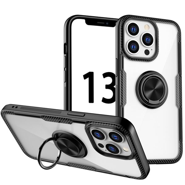 Casos de telefone magnéticos de fibra de carbono para iPhone 14 14 Pro Max Clear Acrílico Tampa de Proteção com Ring Kickstand