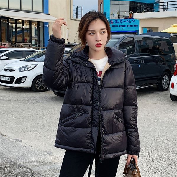 

2020 short glossy parka autumn winter thick short jacket women fashion solid stand collar parka coat female office lady t200828, Black