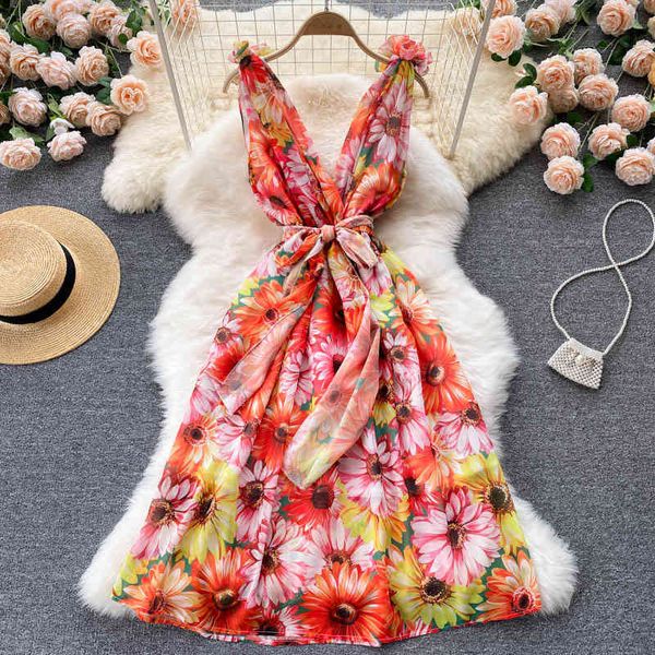 

casual dresses printed v-neck waistband careful machine backless lace up dress pastoral printed skirt 6oo5, Black;gray