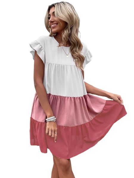 

color block flounce sleeve ruffle hem smock dress p89v#, Black;gray