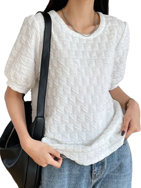 

dazy puff sleeve textured round neck tee 08e8#, White