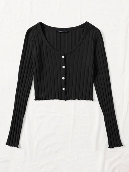 

button front lettuce trim rib-knit tee f1pw#, White