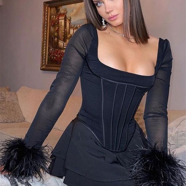 

chicology mesh feather corset long sleeve women t shirt spring summer clothes tshirt y2k bodice 220809, White