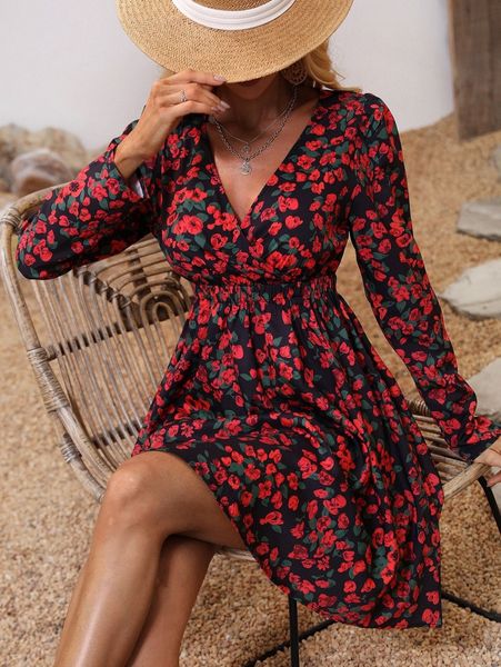 

floral print surplice neck elastic waist dress o1tl#, Black;gray