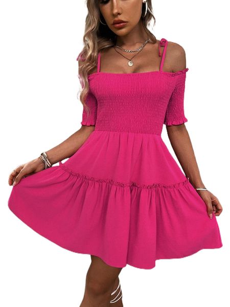 

tie cold shoulder shirred frill trim dress t0fp#, Black;gray