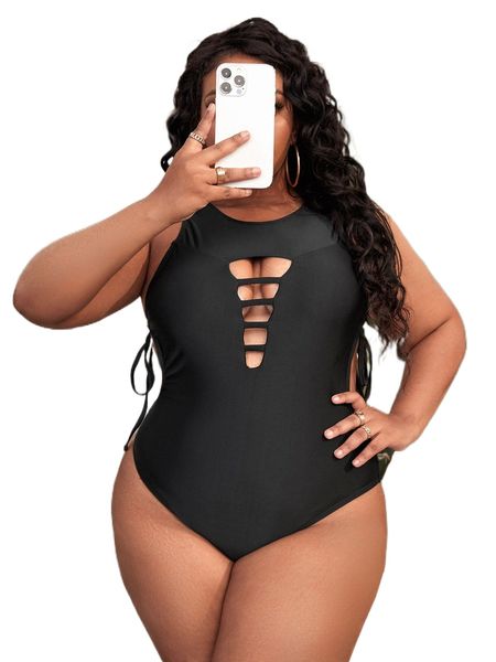 

plus cut out tie side one piece swimsuit l3eb#, White;black