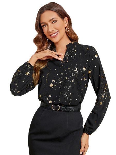 

emery rose moon & star print notched neck lantern sleeve blouse 211e#, White