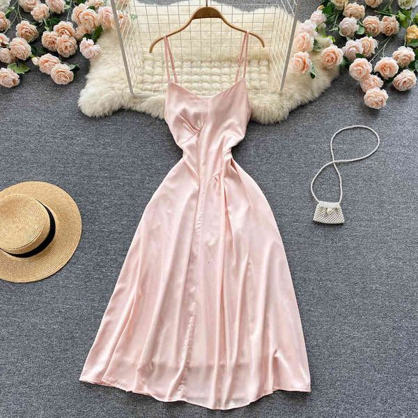 

casual dresses lady sense dress long skirt acetic acid satin gentle wind closing waist thin temperament v-neck suspender fh8c, Black;gray