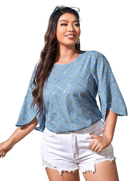 

plus metallic plaid print petal sleeve blouse 80sd#, Black