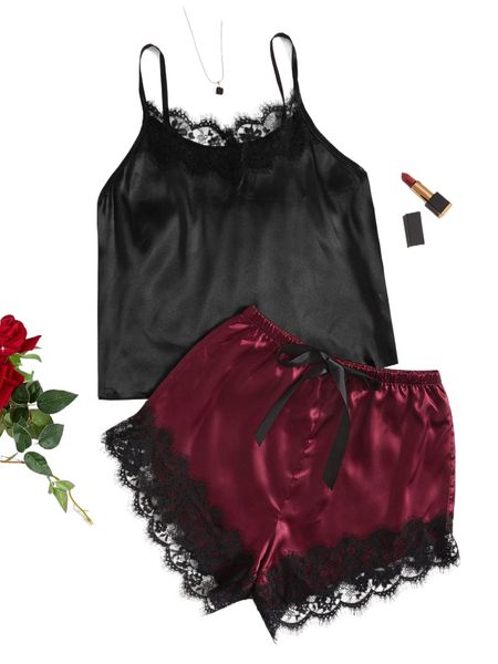 

eyelash lace panel satin cami & shorts pj set d7i7#, Black;red