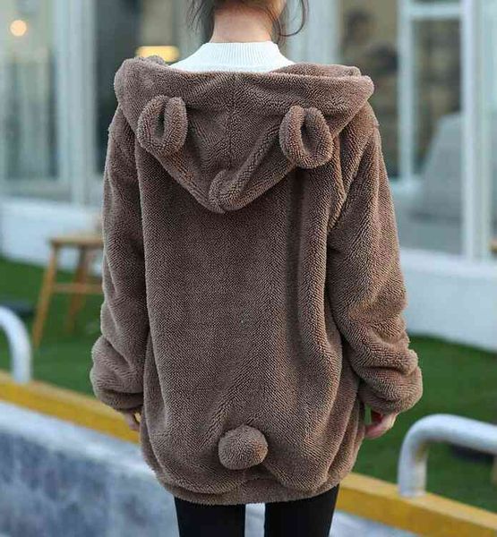 

winter women zipper girl loose fluffy bear ear hoodie warm sweater, White
