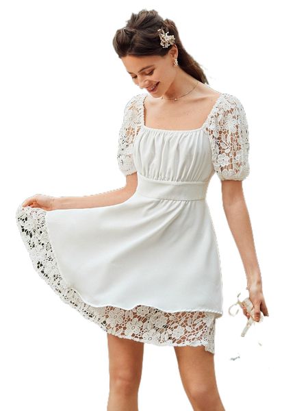 

contrast guipure lace puff sleeve dress 85af#, Black;gray