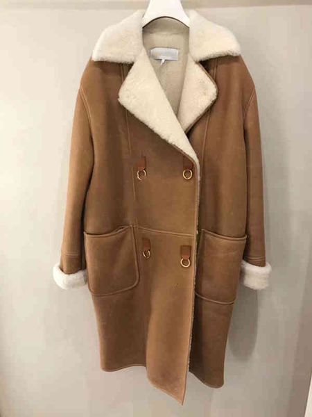 

women's two piece pants niche autumn and winter suit collar fur integrated lamb coat medium long loose women, White