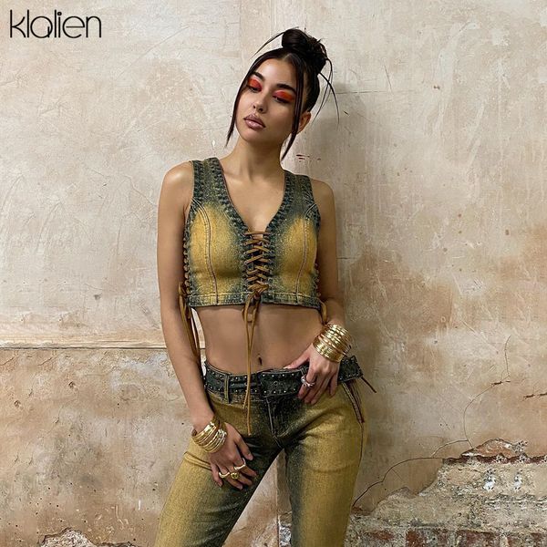 

fashion hollow out bandage patchwork cotton jeans camisole summer 2022 new street club party wear female crop top, White