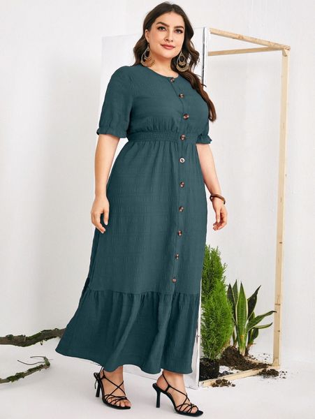 

plus button front ruffle hem shirred waist a-line dress s7ur#, Black