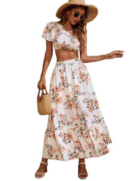 

floral shirred one shoulder & ruffle hem skirt a8cf#, White