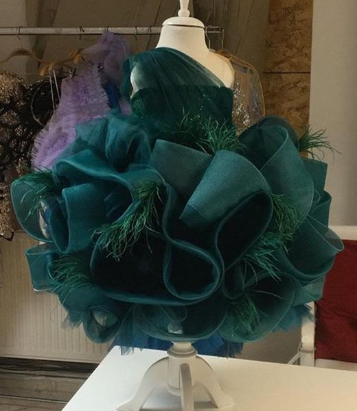 

dark green luxurious flower girl dresses ball gown sheer neck tiers feather lilttle kids birthday pageant weddding gowns, White;blue