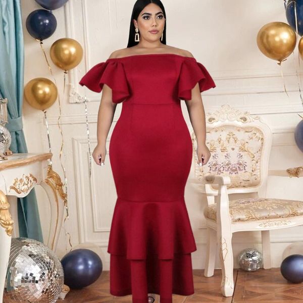 Plus Size Vestidos Nuque Ombro Dress Ruffle Sleeve Pescoço Vermelho Sereia Bodycon Elegante Party Deninner Fashion Senhora Roupas