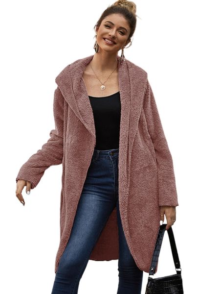 

open front dual pocket hooded teddy coat e9us#, Black