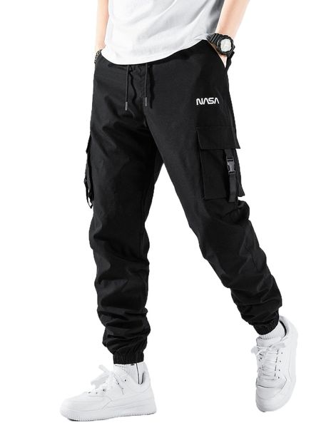 

men letter graphic buckled detail drawstring waist cargo pants s1bs#, Black