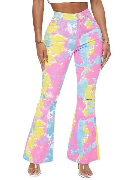 

high waist colorblock ripped flare leg jeans p1tv#, Blue