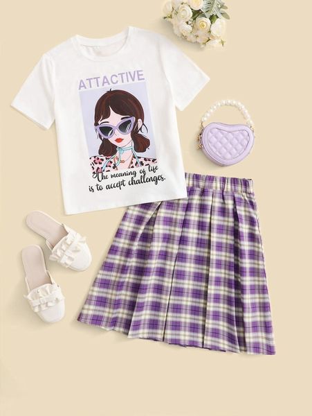 

girls slogan & figure graphic and tartan skirt set she, White