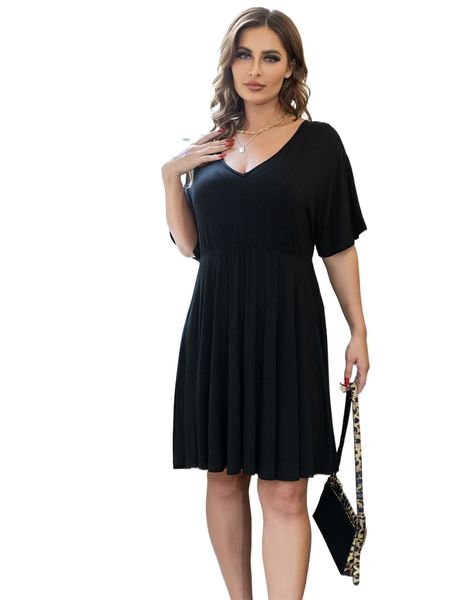 

aamilife plus solid batwing sleeve dress t6qr#, Black