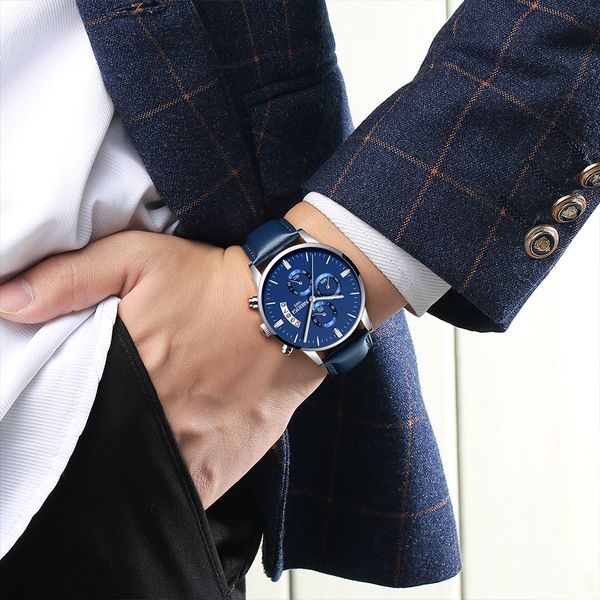 

2022 net red pop butterfly button solid steel band men's casual watch waterproof coated glass luminous three eye 6-pin quartz watch a20, Slivery;brown