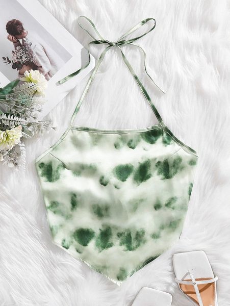

tie dye tie backless hanky hem satin halter y11h#, White